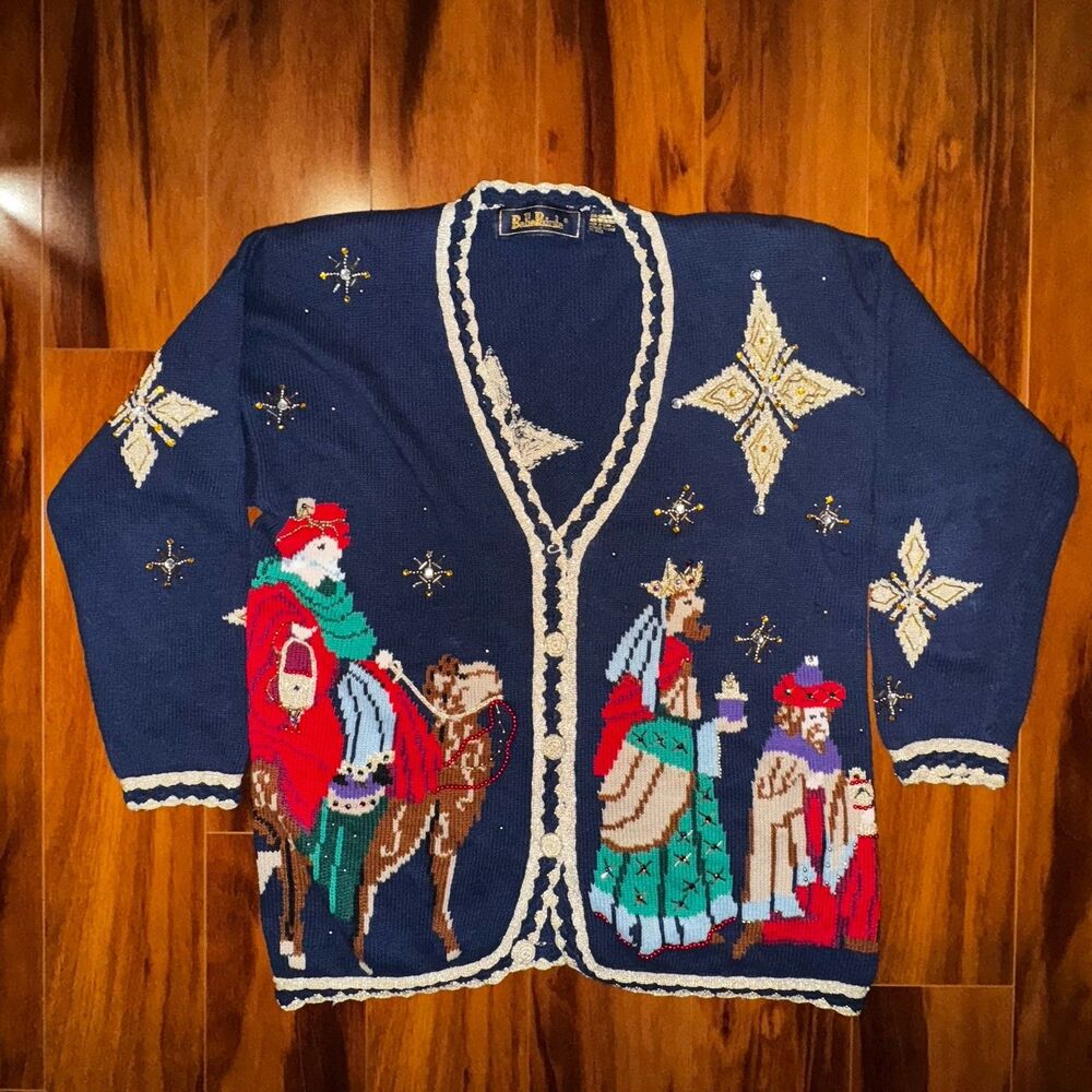 Vintage Belle Pointe Christmas Cardigan Sweater 3 Wise Men Nativity Beaded M/L